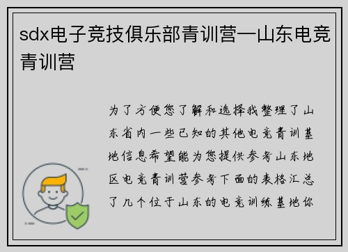 sdx电子竞技俱乐部青训营—山东电竞青训营